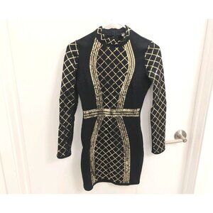 Black & Gold Sequin Detail Bandage Dress Long Sleeve Size 2 Venus